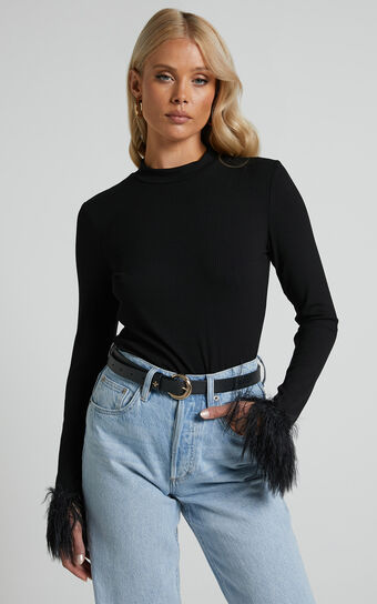 Feolla Long Sleeve Top - Rib Top with Faux Feather Trim in Black