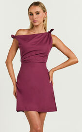 Jeofina Mini Dress - Off The Shoulder Linen Look Dress in Merlot | Showpo