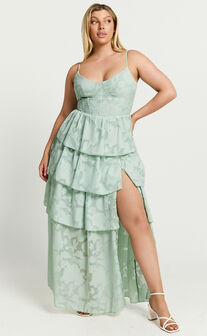 Janezkie Midi Dress - Femme Tiered Jacquard Formal Dress in Mint