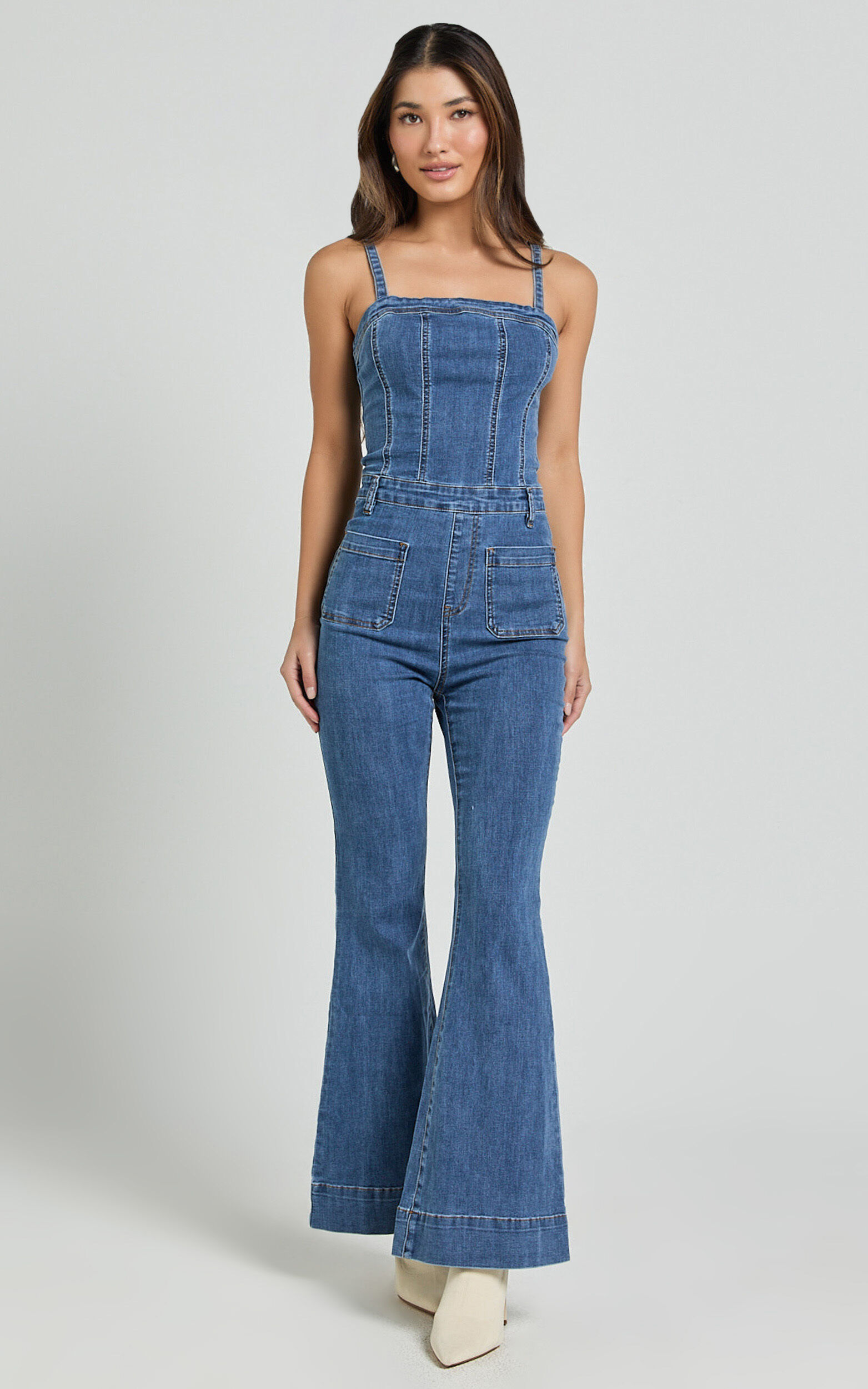 Joey Jumpsuit Panelled Cami Flared Bottom Denim Jumpsuit in Dark Blue Wash