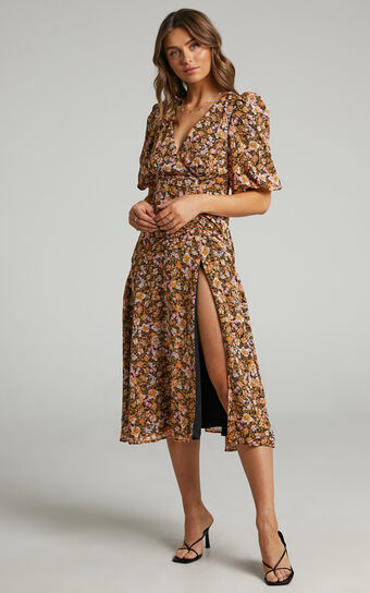 Loree Midi Dress - Puff Sleeve Dress in Black Floral