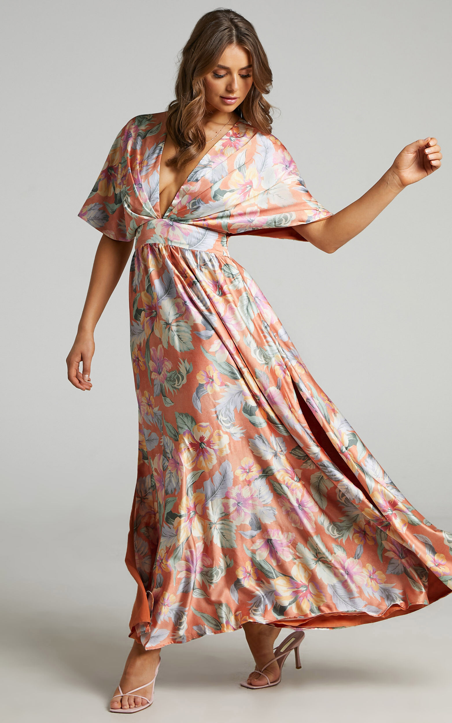 Cobalt tropical print batwing sleeve split leg maxi dress clearance