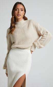 Valerie Jumper - High Neck Balloon Sleeve Knit Jumper in Cream