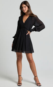 Xandria Mini Dress - Blouson Sleeve Cut Out Dress in Black