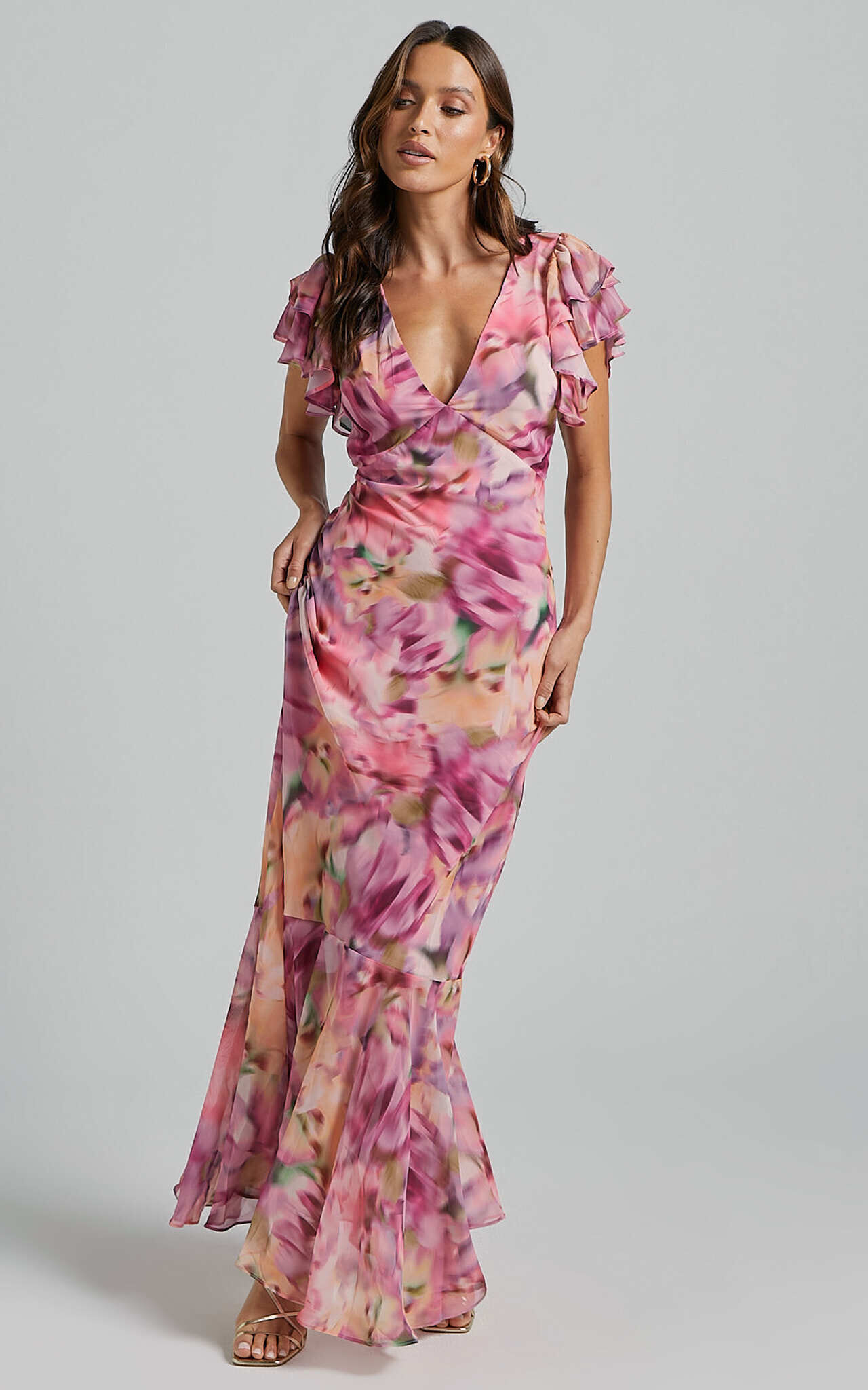 Jasmine Maxi Dress Plunge Neck Short Flutter Sleeve Frill Hem Mermaid in Pink floral