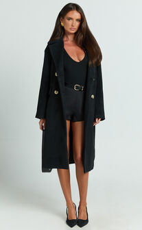 Libee Coat - Double Breasted Longline Coat in Black