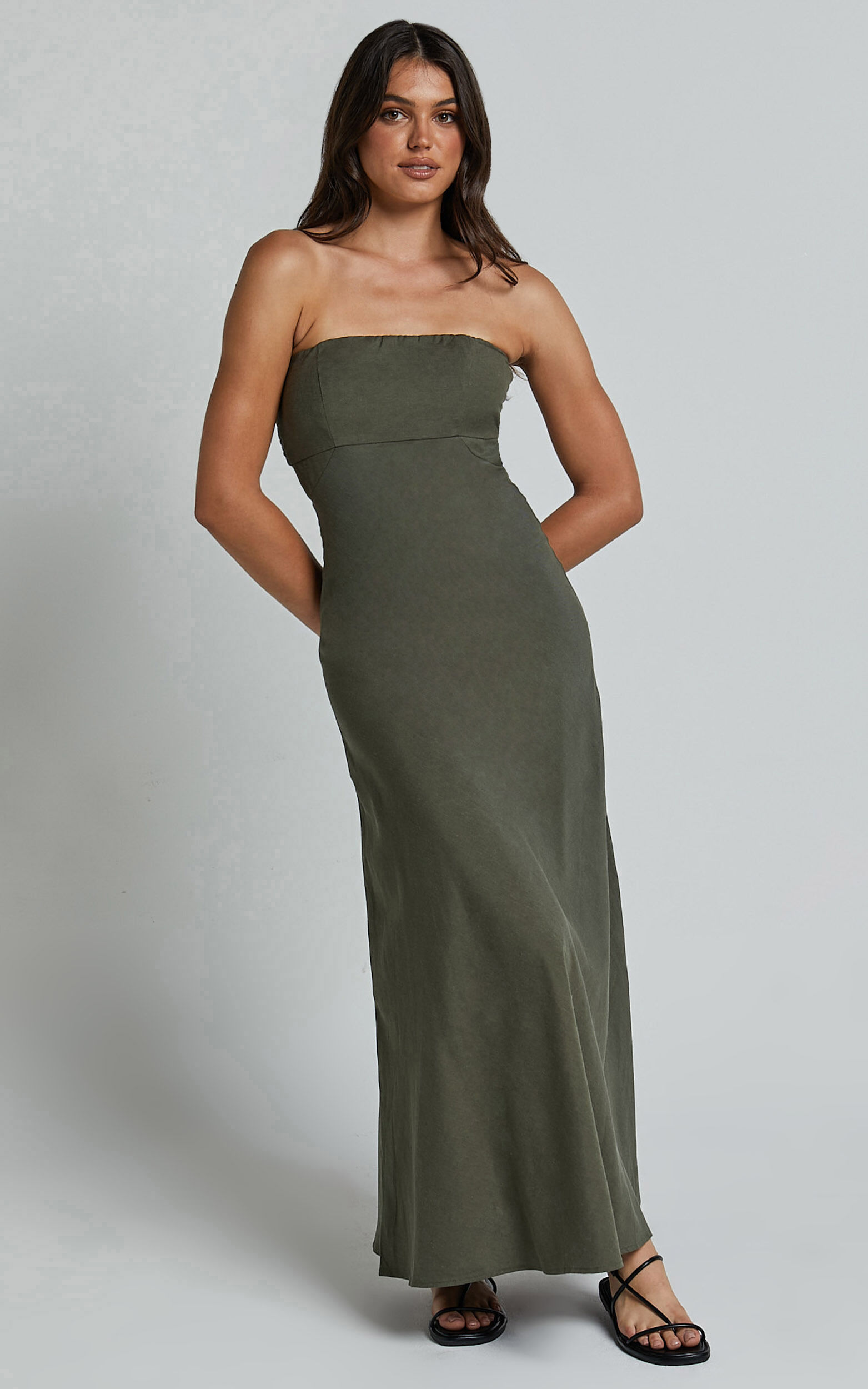 Elerie Maxi Dress Strapless Linen Dress in Olive Showpo USA