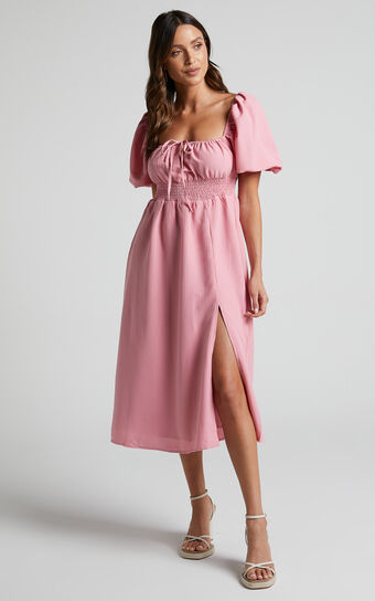 Yanet Midi Dress - Shirred Puff Sleeve Dress in Dusty Pink