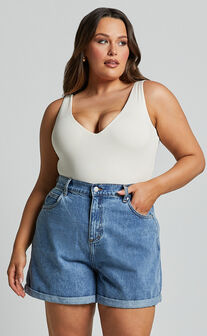Cristiana Shorts - High Waisted Cuffed Denim in Blue