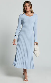 Blaire Midi Dress - Long Sleeve Tie Back Flare Dress in Blue