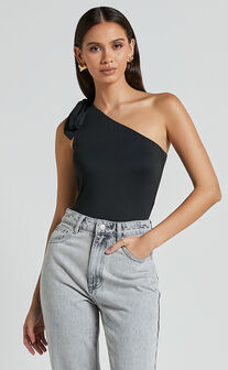 Ryan Bodysuit - One Shoulder Tie Bodysuit in Black