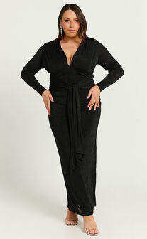 Melanie Midi Dress - Plunge Long Sleeve Tie Front Dress in Black
