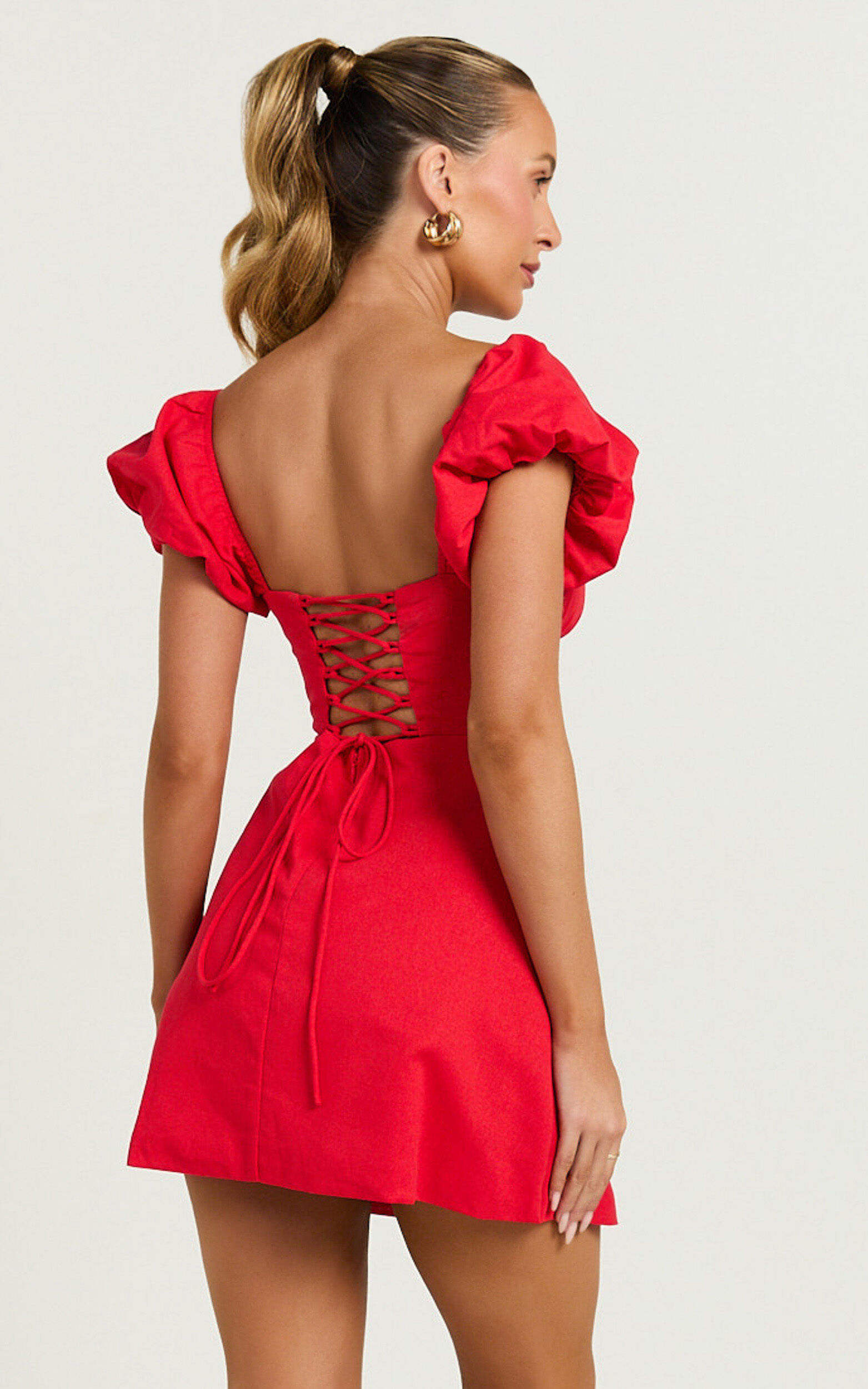 Ginny Mini Dress - Square Neck Ruched Bodice Puff Sleeve Straight Dress ...