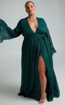 Dangerous Woman Maxi Dress - Plunge Thigh Split Dress in Emerald