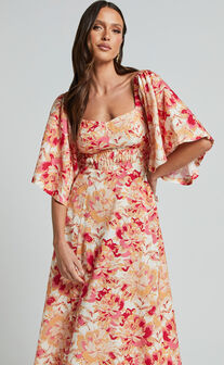Amalie The Label - Thalia Linen Blend Puff Sleeve Midi Dress in Sienna Print