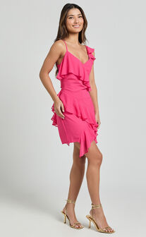 Zaria Mini Dress - Asymmetric Frill Detail Mini Dress in Hot Pink