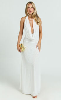 Bettina Maxi Dress - Low Cowl Neck Halter Bodycon Dress in Off White