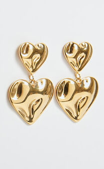 Khrizza Earrings - Distressed Double Heart Drop Earrings in Gold