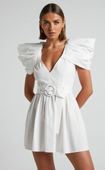 Haydie Mini Dress - Exaggerated Shoulder Belted Dress in White