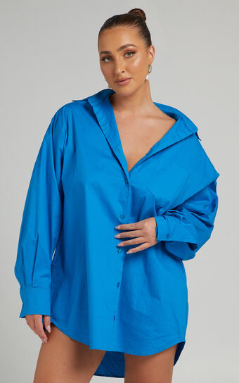 Janaya Mini Dress - Long Sleeve Shirt Dress in Blue