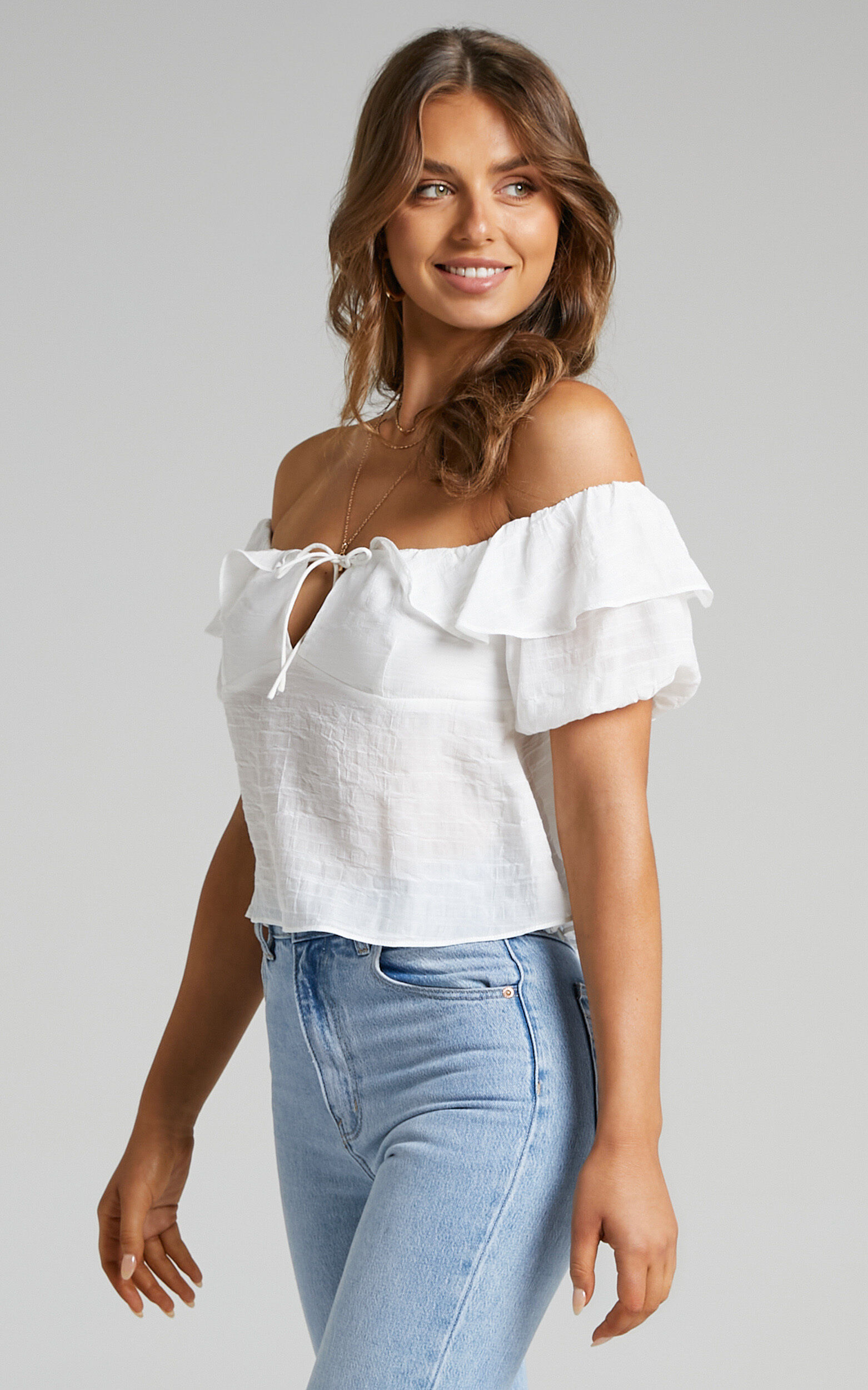 Canthe Frill Detail Puff Sleeve Off Shoulder Top in White Showpo