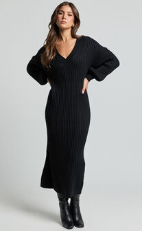 Kartia Midi Dress - V Neck Knit Dress in Black