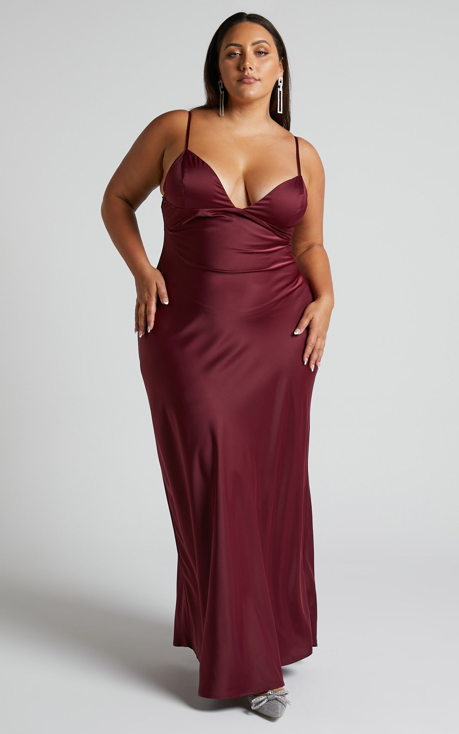 Cariela Midi Dress - Plunge Neck Satin Dress in Wine - 06, WNE1