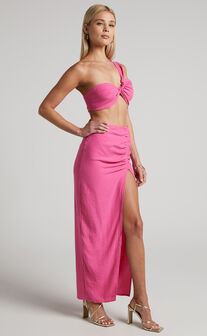 Mayson Two Piece Set - One Shoulder Crop Top and Ruched Midi Skirt in Pink