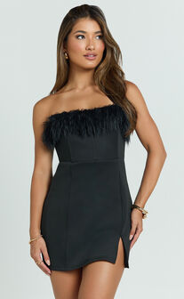 Rhaiza Mini Dress - Faux Feather Trim Strapless Dress in Black