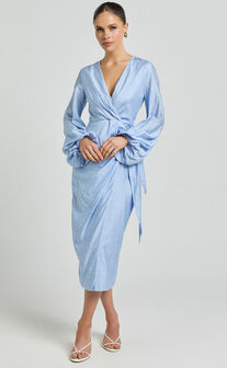 Taylor Midi Dress - Long Sleeve Wrap Dress in Blue