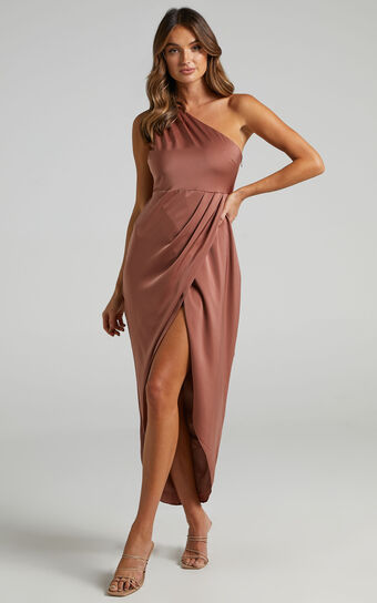 Felt So Happy Midi Dress - One Shoulder Drape Dress in Dusty Rose