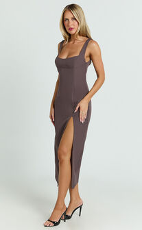 Aretha Midi Dress - Square Neckline High Split Dress in Mocha