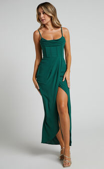 Andrina Midi Dress - High Low Wrap Corset Dress in Forest Green