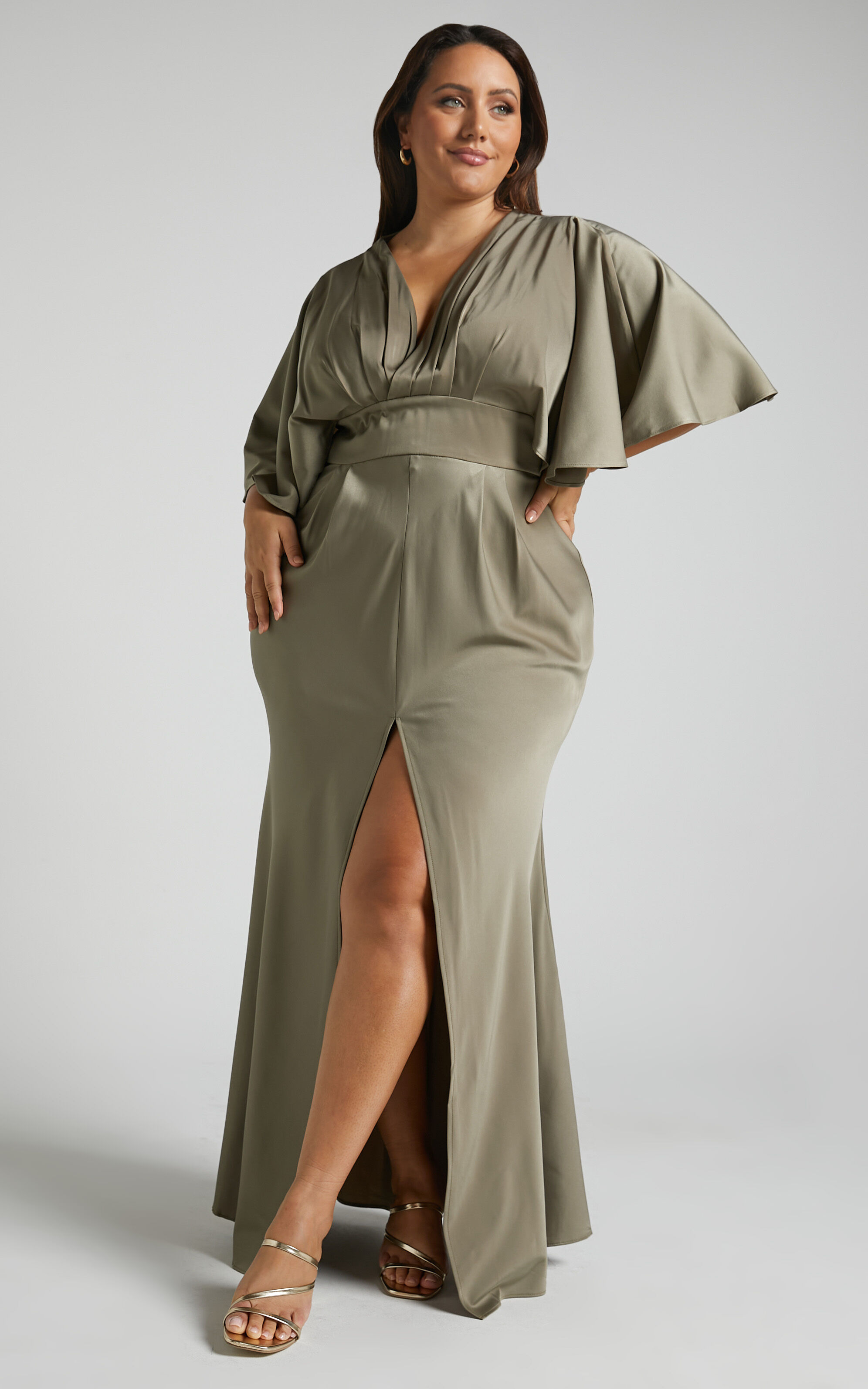 Gemalyn Midi Dress Angel Sleeve V Neck Split Dress in Olive