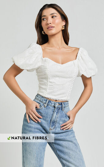 Pixie Top - Sweetheart Puff Sleeve Embroidery Top in White