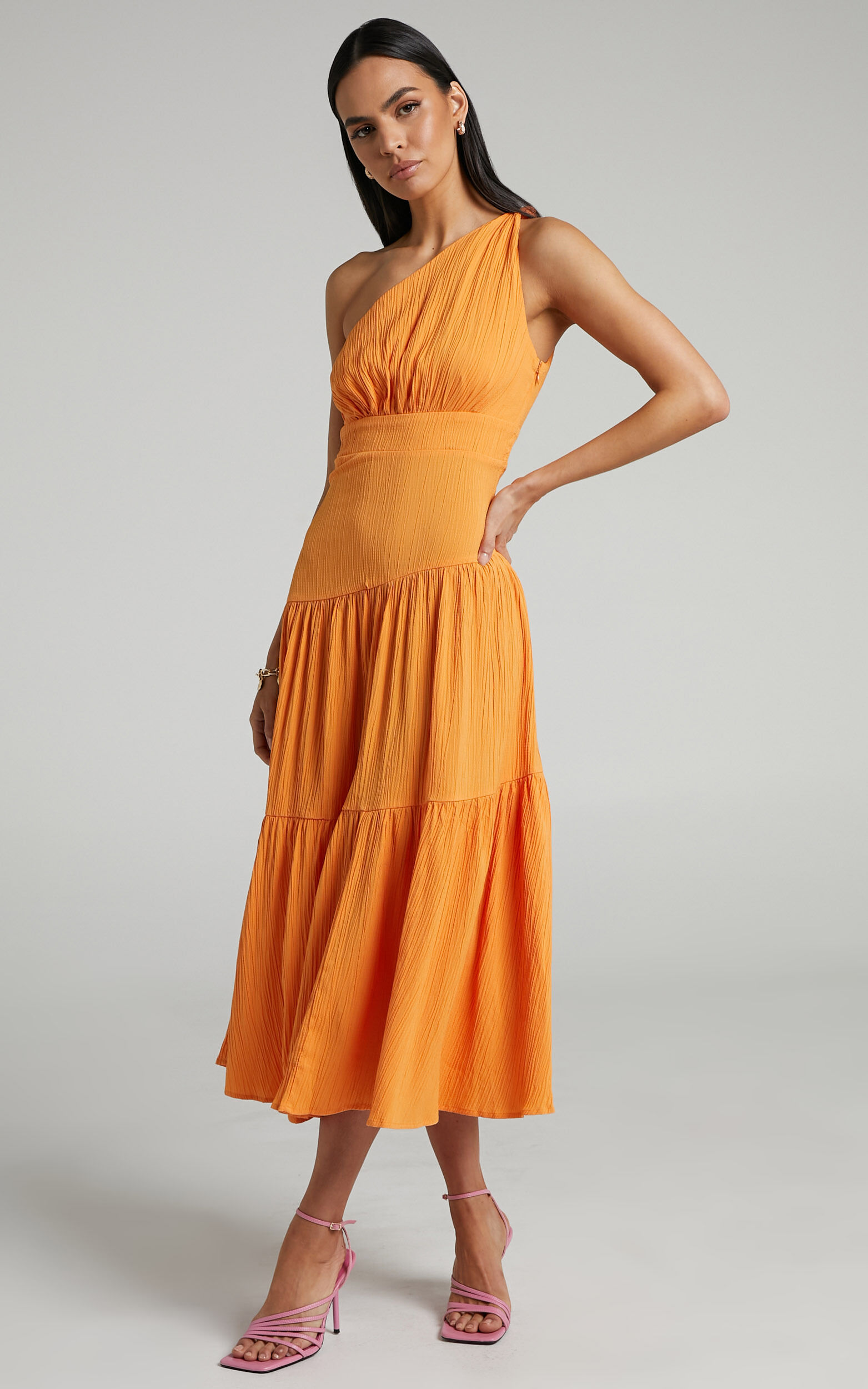 Celestia Midi Dress Tiered One Shoulder Dress in Mango