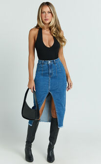 Janeve Midi Skirt - Front Split Denim Skirt in Dark Blue