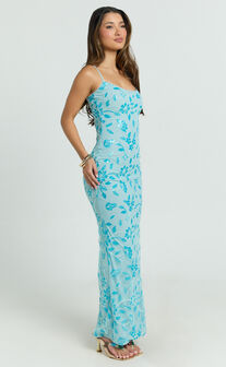 Robbie Maxi Dress - Strappy Scoop Neck Column Fitted Sequin Mesh Dress in Blue