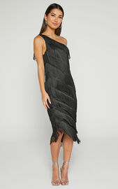 Odette Midi Dress - One Shoulder Fringing Detail in Black | Showpo USA