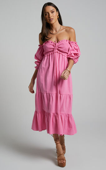 Nikka Midi Linen Blend Dress - Shirred Off Shoulder Puff Sleeve Dress in Pink