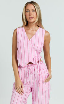 Layla Top - Wrap Over Top in Pink Stripe