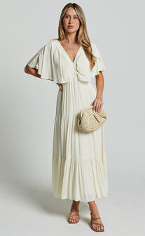 Danny Midi Dress - Ruffle Sleeve Tiered Dress in Natural