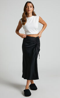 Aubrey Midi Skirt - Linen Look High Waisted Linen Look Bias Slip