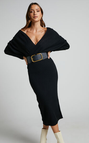 Sheika Midi Dress - Long Sleeve Off Shoulder Knit Dress in Black