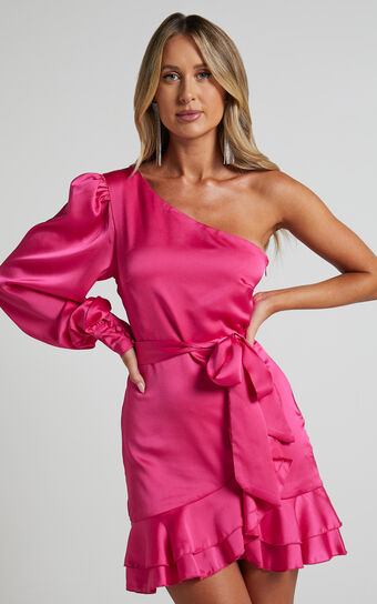 Alessia Mini Dress - Asymmetrical One Shoulder Sleeve Ruffle Dress in Fuchsia