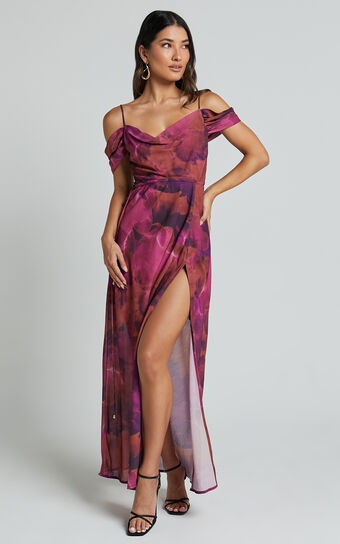 Keira Midi Dress - Draped Off the Shoulder Dress in Electric Cloud - Purple Showpo