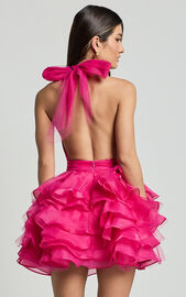Addison Mini Dress - Halter Neck Plunge Tiered Tulle Dress in Hot Pink ...