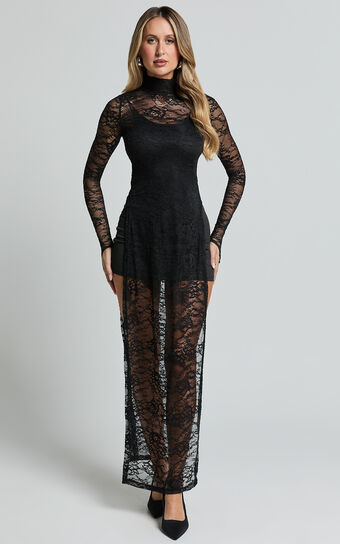 Yvette Midi Dress - High Neck Long Sleeve Slip Dress in Black