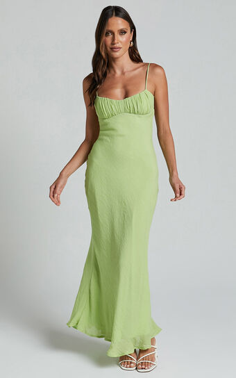Micheella Maxi Dress - Ruched Bust Sleeveless Slip Dress in Lime No Brand