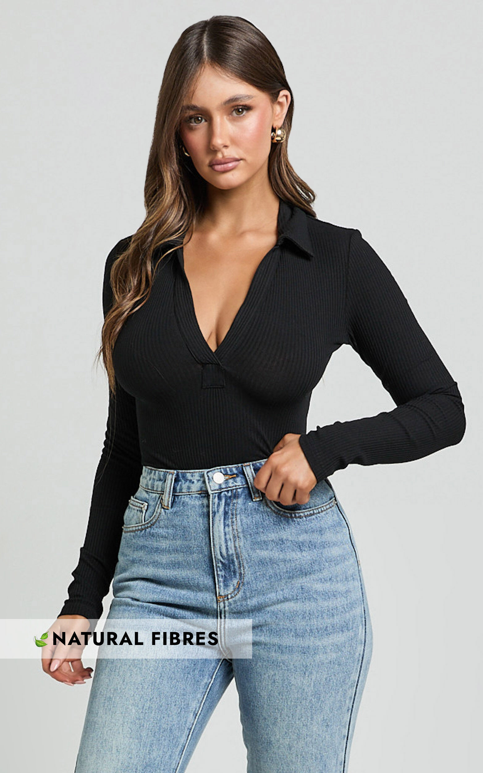 Amira Top - V Neck Long Sleeve Collared Bodysuit in Black - 06, BLK1